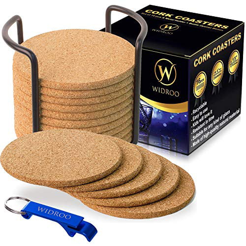 Wine Glasses WIDROO 16 Pack Absorbent Cork Coasters Round Edge with Holder – Premium Coaster Set 4 inches – Perfect to Protect Your Furniture Heat Resistant – Best for Cold Drinks Cups & Mugs 